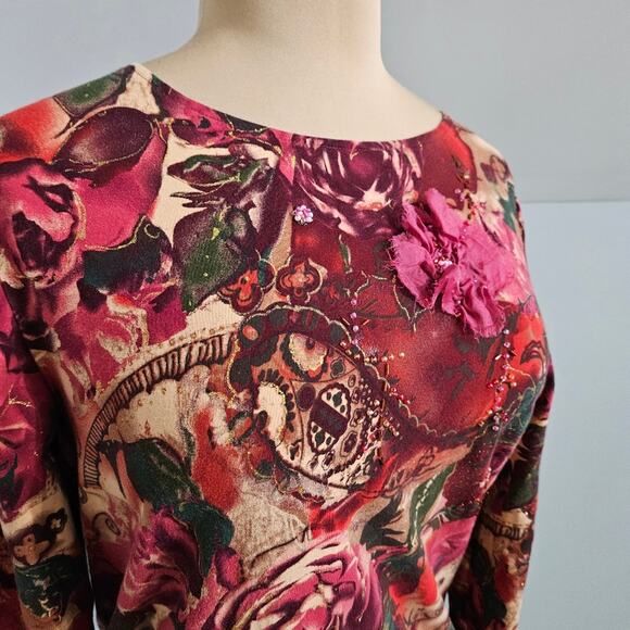 Coldwater Creek Womens Beaded Embellished Rosette Floral Top Red Pink Medium - Picture 7 of 12